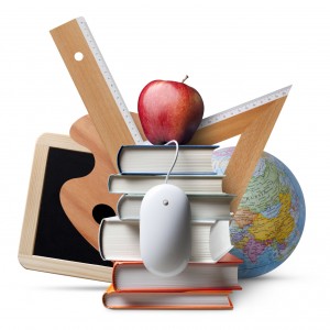 stack of school books, a ruler, an apple, a computer mouse, a globe, and a small chalkboard