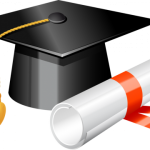 graduation cap with diploma with red ribbon around it