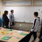 4-H Members looking at a white board learning the parts of a meeting.