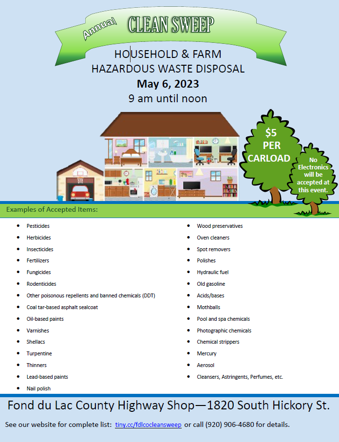 List of Chemicals that can be taken to the clean sweep. a house, garage, and trees are displayed.
